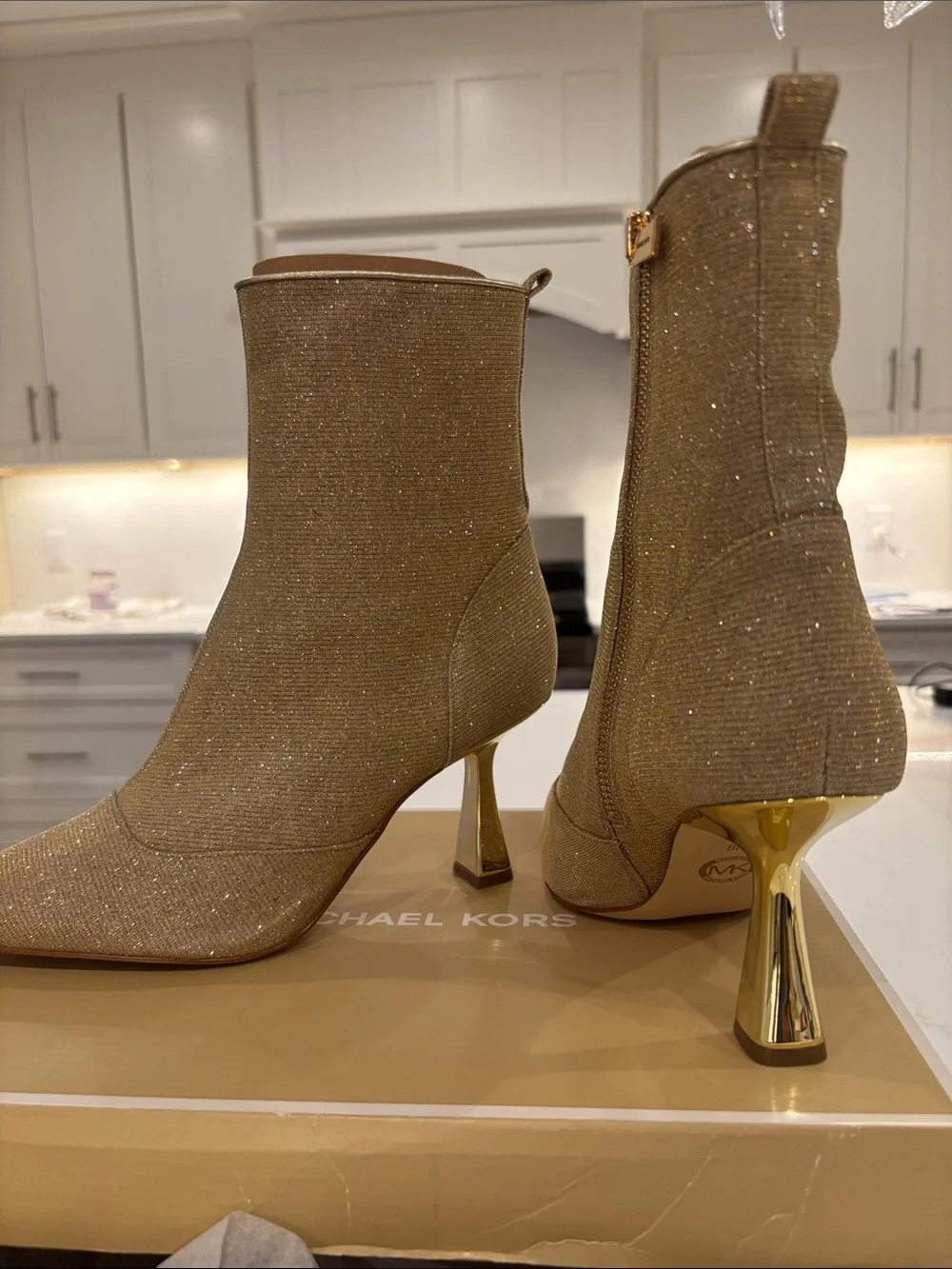 Michael Kors Camel Glitter Pointed-Toe Ankle Booties with Gold Heel